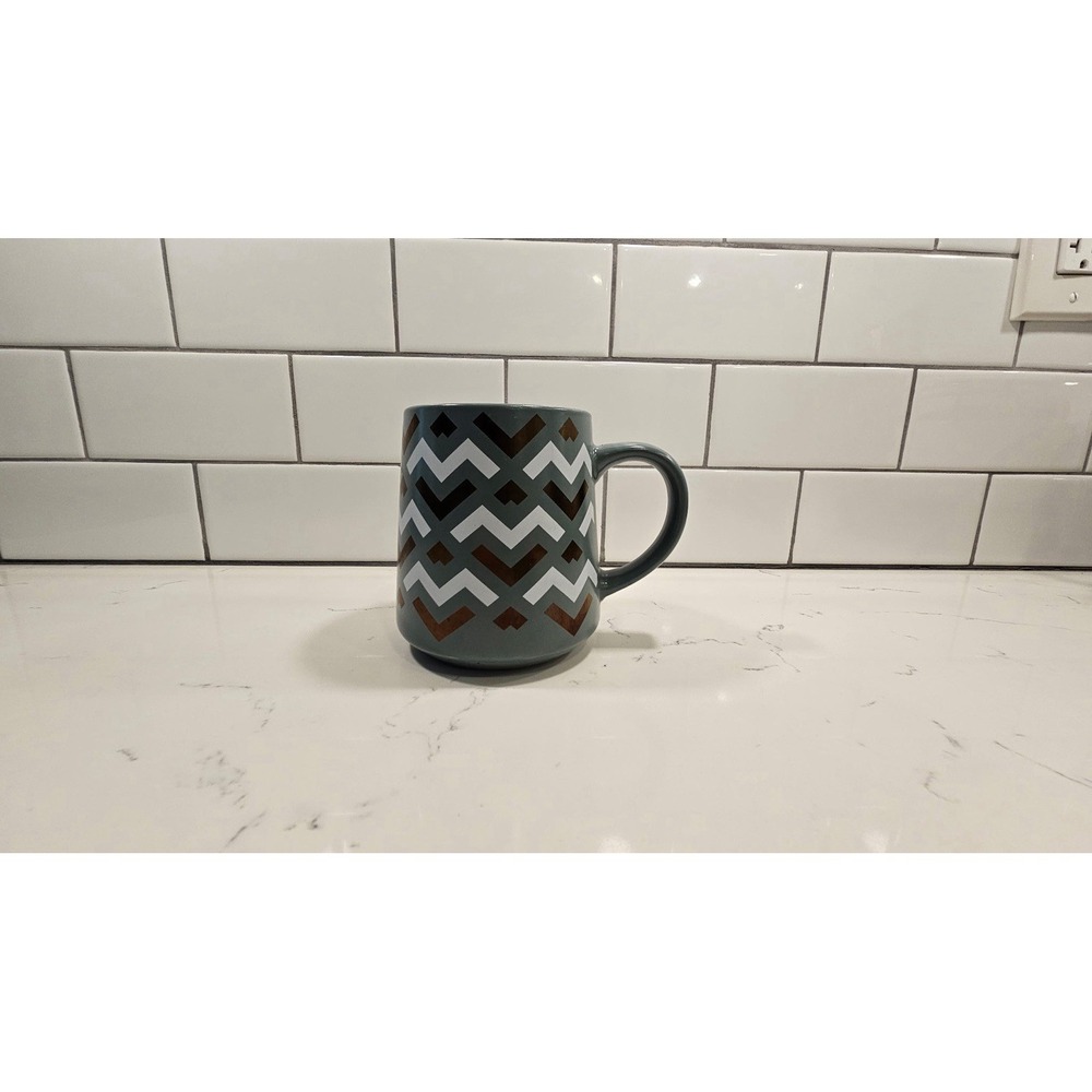 Thyme and Table Mug 16oz Geometric Print Green Ceramic Gold Trim
